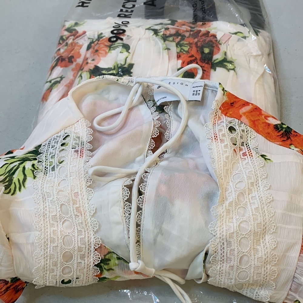 ASOS DESIGN Maternity lace insert tiered mini dress with trim detail floral US 8 - Picture 8 of 13
